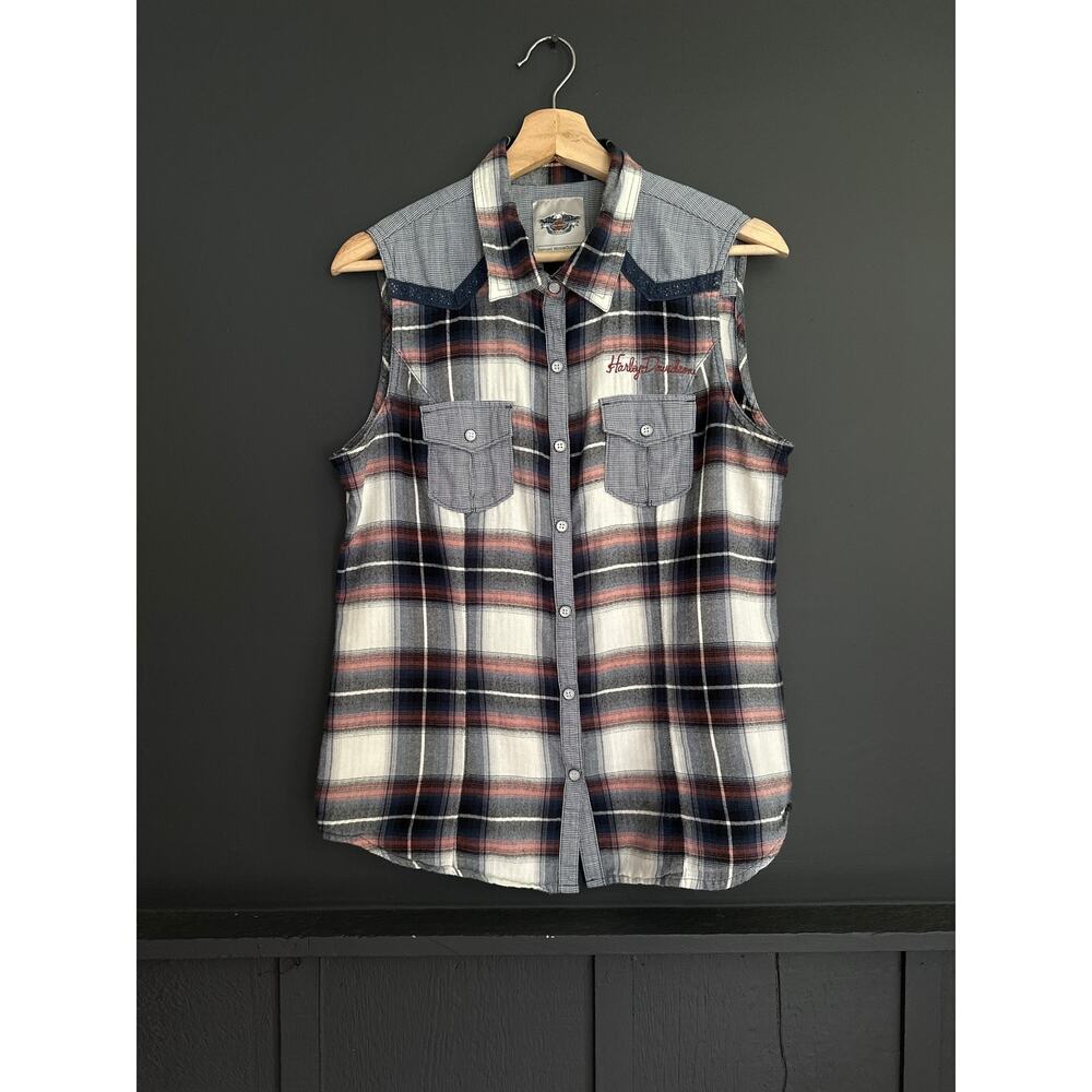 Harley Davidson Sleeveless Flannel Snap Button Down Shirt Y2K Size Large